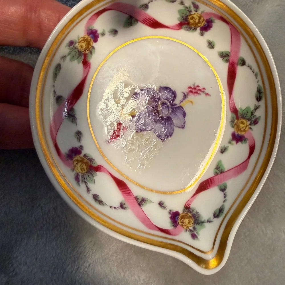 Richard Ginori Hand Painted Pink Ribbon Floral‎ Bonbon Dish Italy w/ Handle
